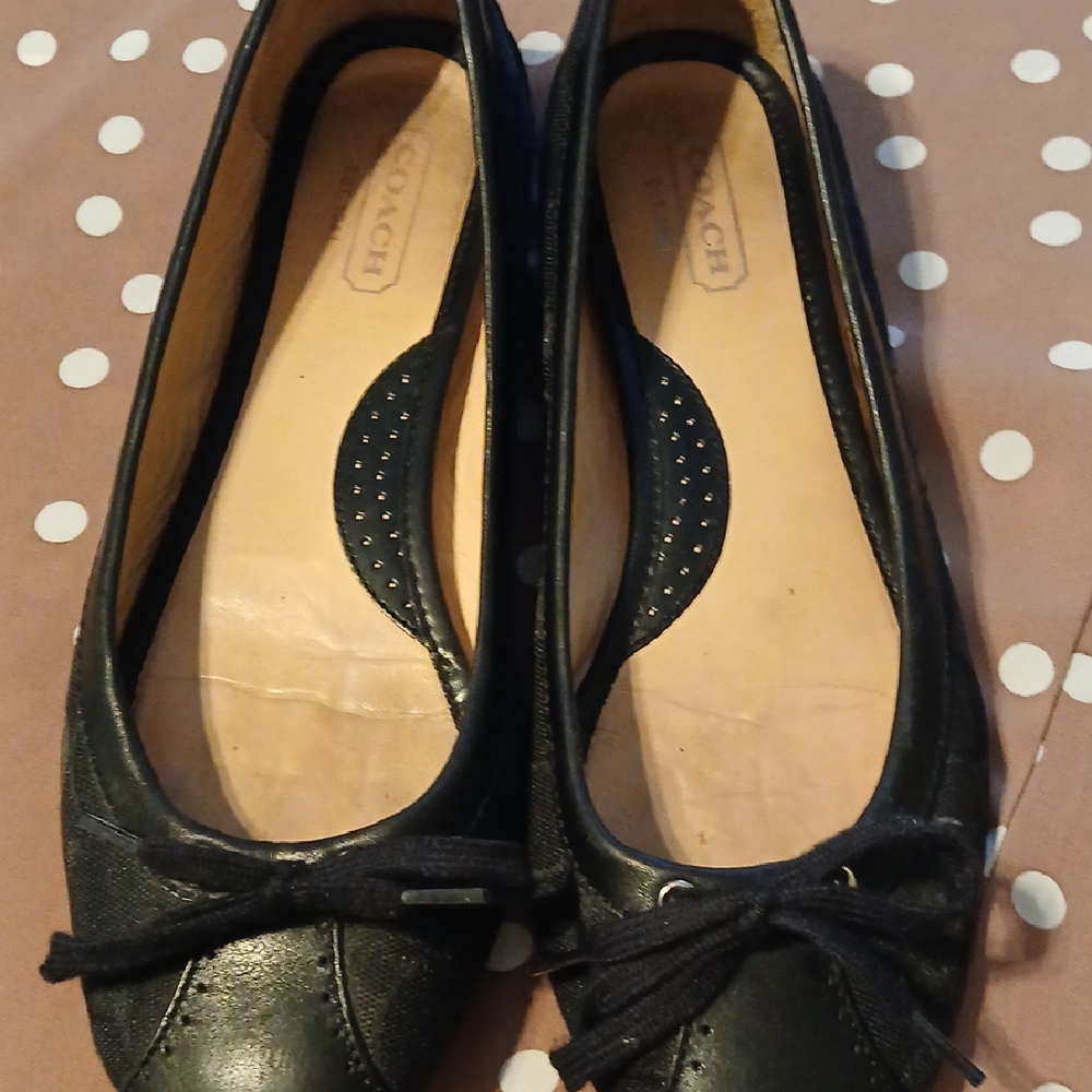 Coach Black Leather Flats with Bow